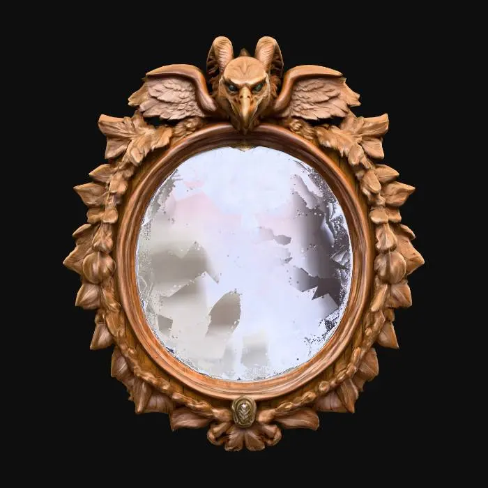 3D model for A wizards oval mirror with a highly decorated wooden frame with feather patterns. The frame of the mirror has a sculpted wooden gryphons head at its top. #PBR#
