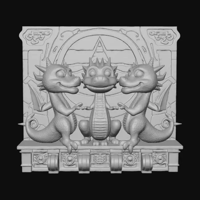 3D model for An old Stone wall mural with an ancient sculpted relief which represents three dragon mages