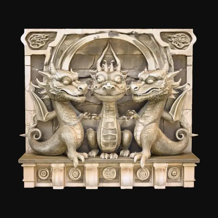 3D model for An old Stone wall mural with an ancient sculpted relief which represents three dragon mages