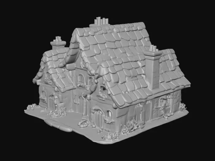 3D model for a whimsical village with three buildings that are made out of stone