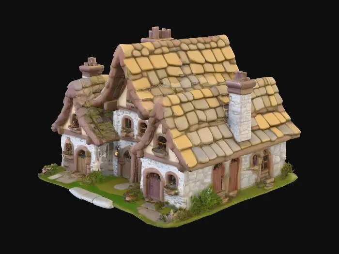 3D model for a whimsical village with three buildings that are made out of stone