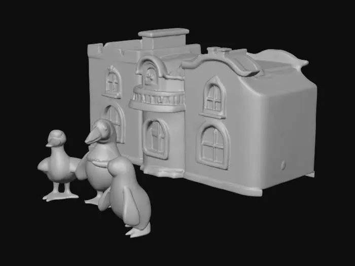 3D model for whimsical duck, puffin, and a penguin standing by a building that is a bakery