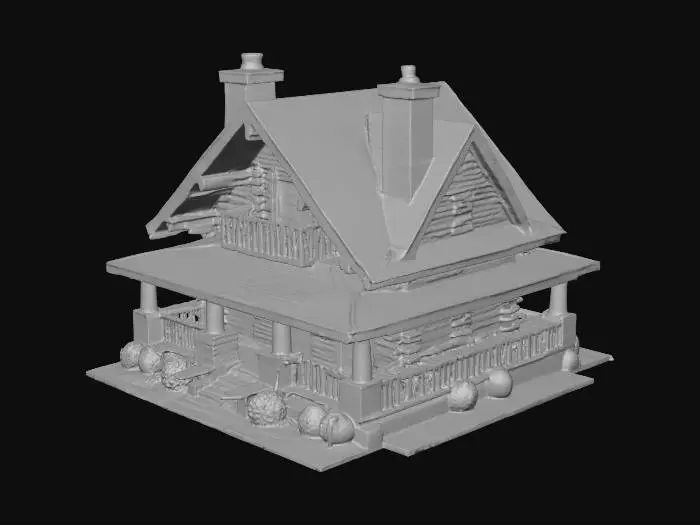 3D model for a house made out of wood and stone with a big front porch, a second-floor balcony and two chimneys, one on each end of the roof.