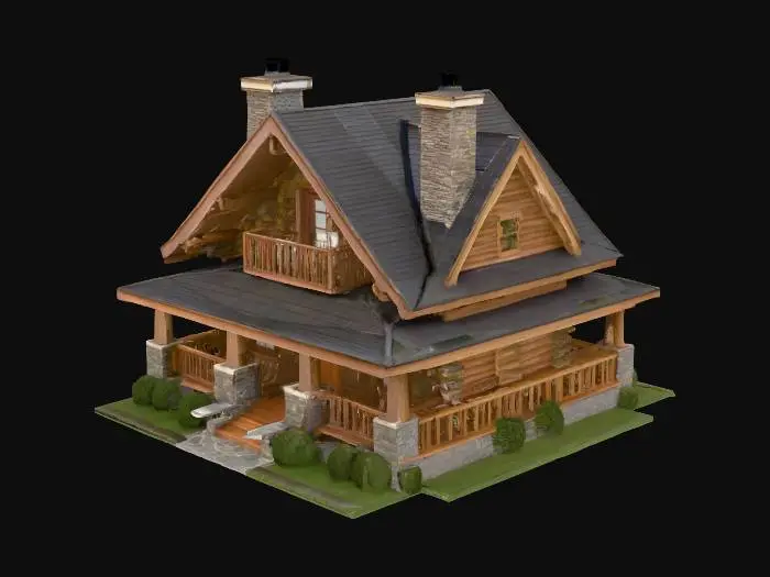 3D model for a house made out of wood and stone with a big front porch, a second-floor balcony and two chimneys, one on each end of the roof.