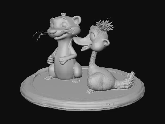 3D model for a whimsical otter and a whimsical little ostrich standing on a wooden stage.