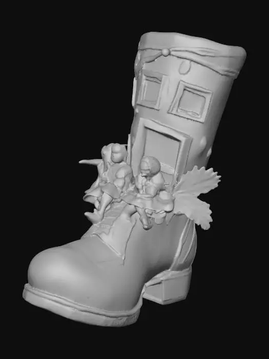 3D model for a giant boot, that is a house with three windows and one door. there are four small children dressed in tatters and kind of scruffy looking each one sitting one the boot.