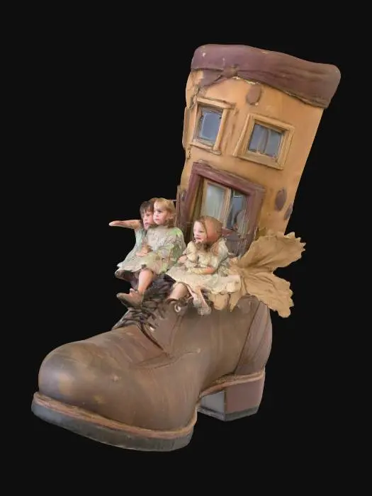 3D model for a giant boot, that is a house with three windows and one door. there are four small children dressed in tatters and kind of scruffy looking each one sitting one the boot.