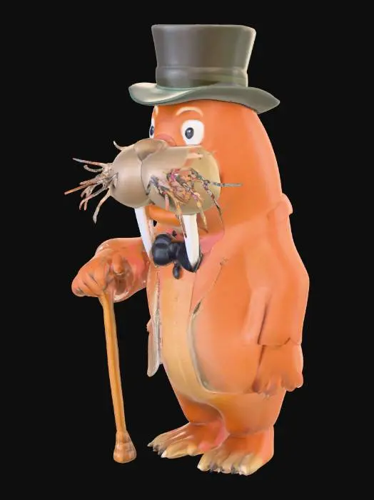 3D model for whimsical walrus wearing a bowler hat with a bowtie and a cane