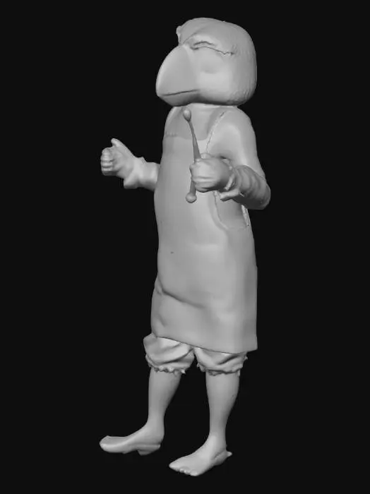 3D model for a whimsical female puffin wearing a paint splattered apron with a paint brush in the pocket of the apron and a paint brush in her right hand