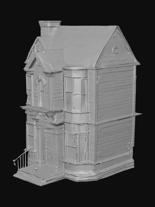 3D model for a haunted mansion that the windows are broken and the front door has a scary door knocker on it.