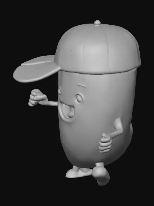 3D model for a walking pickle with a ballcap on and a bumps on its body
