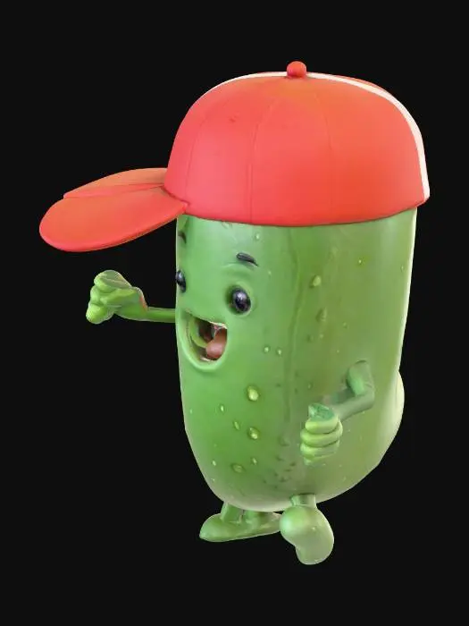 3D model for a walking pickle with a ballcap on and a bumps on its body