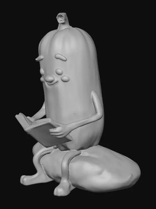 3D model for a dill pickle sitting on a rock reading a book