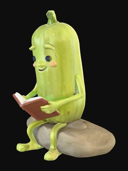 3D model for a dill pickle sitting on a rock reading a book
