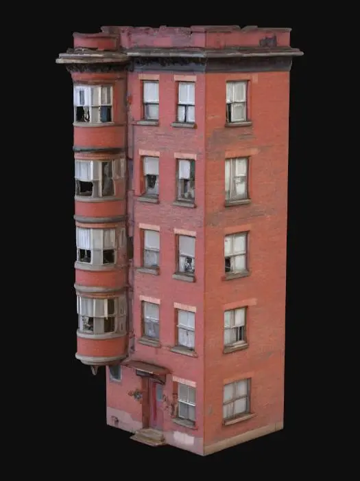 3D model for a kind of rundown apartment building that is red brick.
