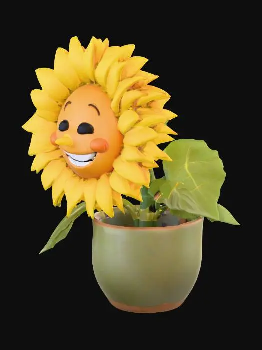 3D model for a very happy sunflower in a pot with a big smile