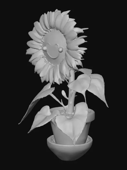 3D model for a very happy sunflower in a pot with a big smile