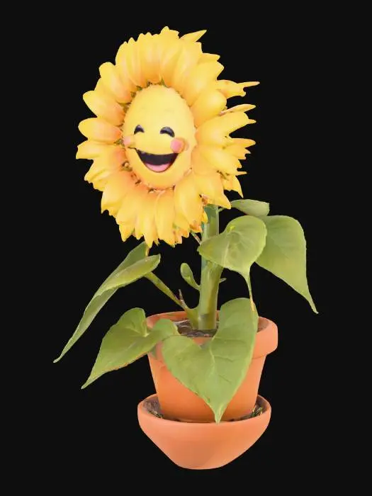 3D model for a very happy sunflower in a pot with a big smile