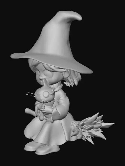 3D model for a little witch sitting on a broom with a black cat
