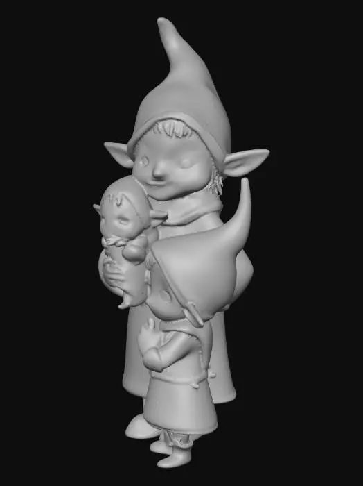 3D model for a mother gnome holding a baby gnome with a young girl gnome standing beside the mother gnome