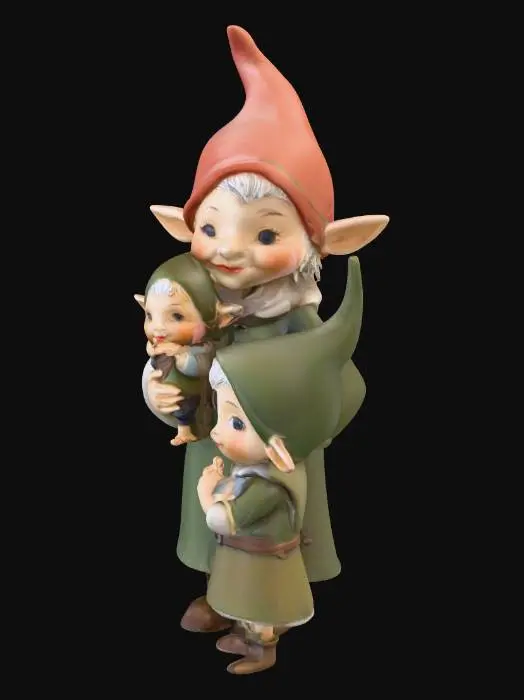 3D model for a mother gnome holding a baby gnome with a young girl gnome standing beside the mother gnome