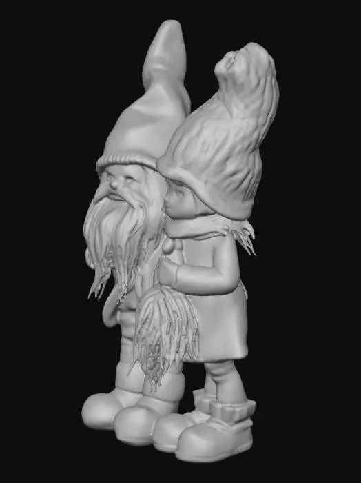 3D model for a mother gnome holding a baby gnome with a young girl gnome standing beside the mother gnome