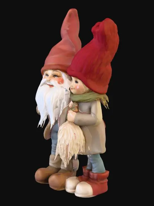 3D model for a mother gnome holding a baby gnome with a young girl gnome standing beside the mother gnome