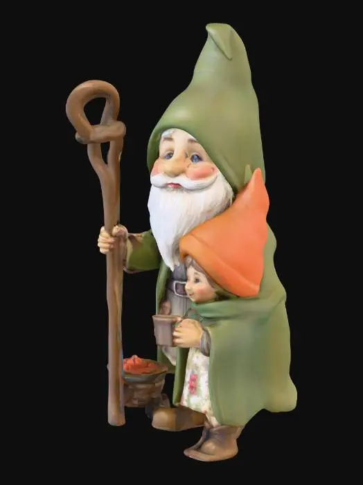 3D model for a mother gnome holding a baby gnome with a young girl gnome standing beside the mother gnome