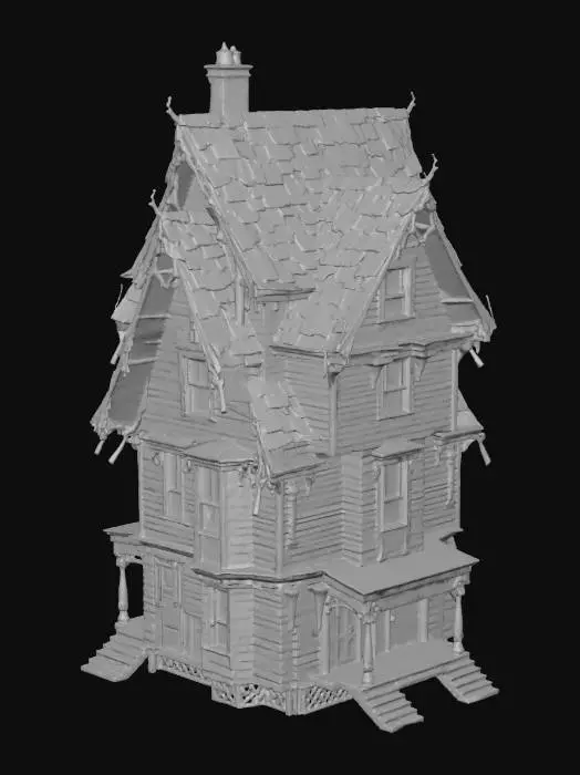3D model for a haunted house with multiple levels that are crooked and the roof is crooked too