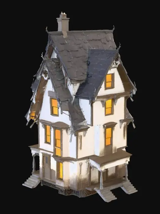 3D model for a haunted house with multiple levels that are crooked and the roof is crooked too