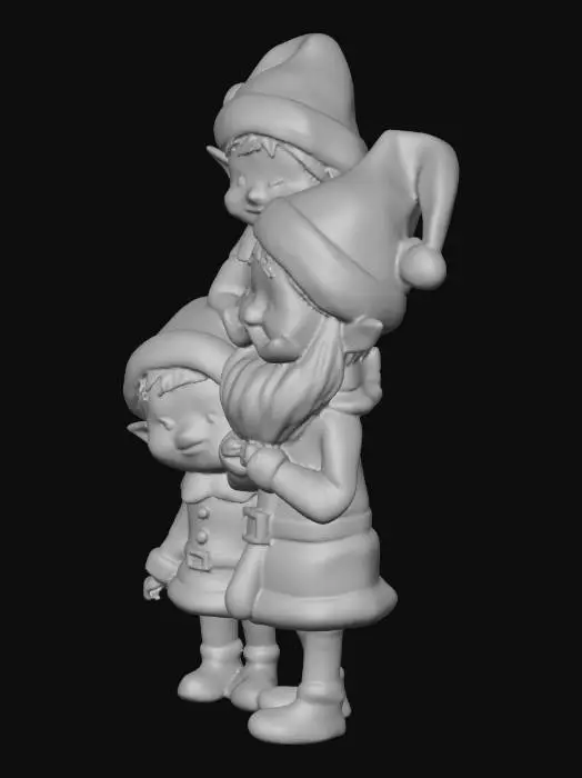 3D model for three of Santa's elves standing on each other's shoulders decorating a Christmas tree