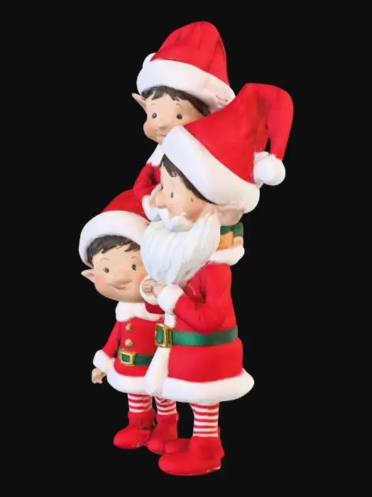 3D model for three of Santa's elves standing on each other's shoulders decorating a Christmas tree