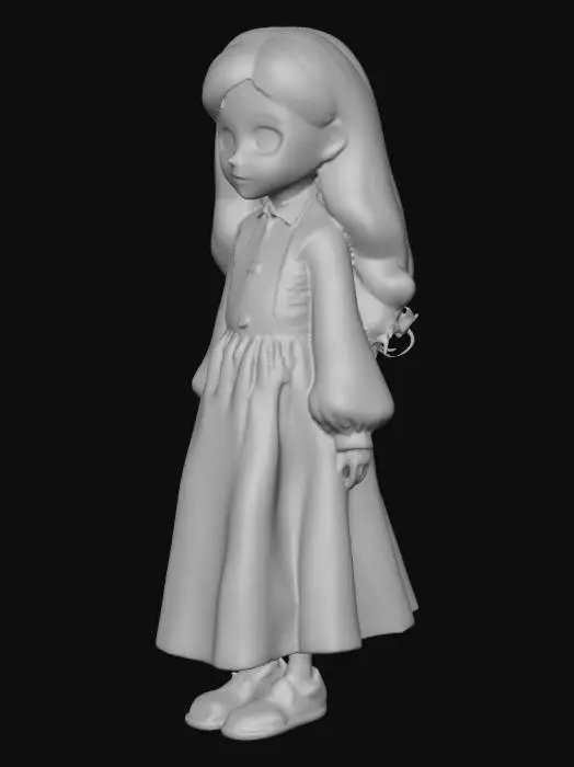 3D model for a little girl dressed as Wednesday Addams all in black with thing the hand on her shoulder.