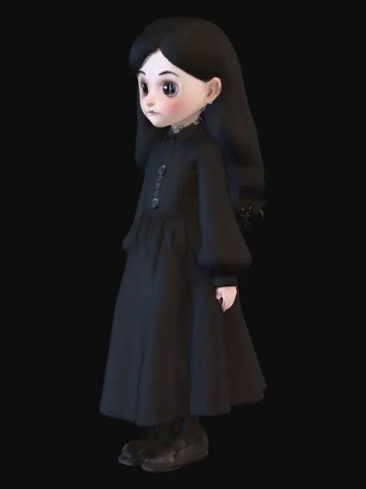 3D model for a little girl dressed as Wednesday Addams all in black with thing the hand on her shoulder.