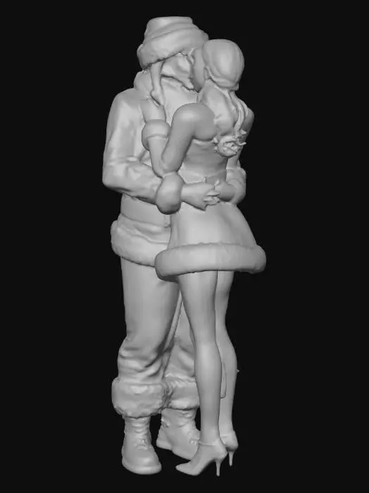 3D model for Mr. and Mrs. Santa Claus sitting standing both bent forward toward each other giving each other a little kiss.