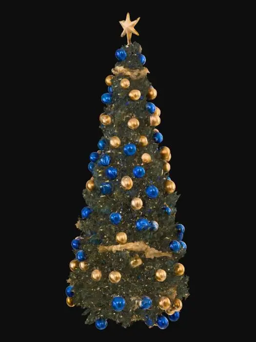 3D model for A large pine tree all decorated with Blue and gold Christmas bulbs and garland wrapped around it for Christmas and a star at the top