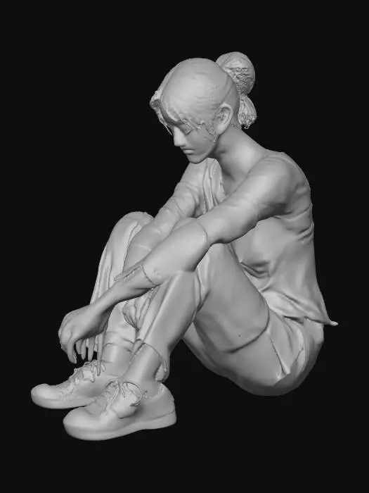 3D model for A woman sitting on the floor crying and looking very sad