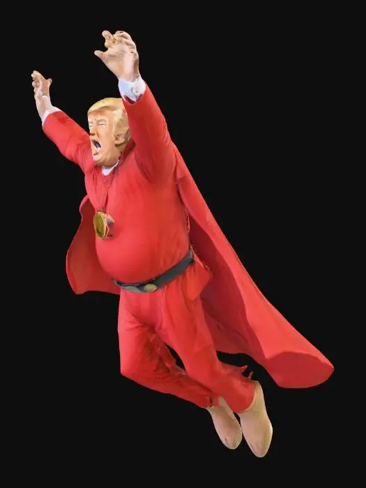 3D model for trump look alike that is wearing a cape and his nobel prize trying to fly