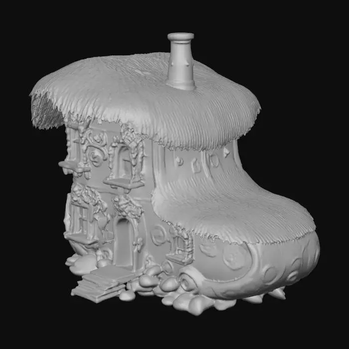 3D model for a giant boot, that is a house with three windows and one door. there are four small children dressed in tatters and kind of scruffy looking each one sitting one the boot.