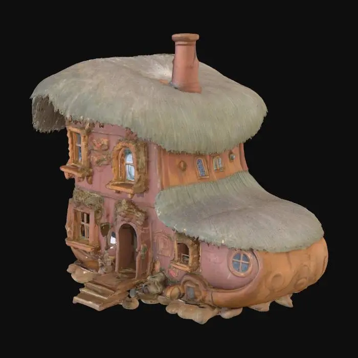 3D model for a giant boot, that is a house with three windows and one door. there are four small children dressed in tatters and kind of scruffy looking each one sitting one the boot.