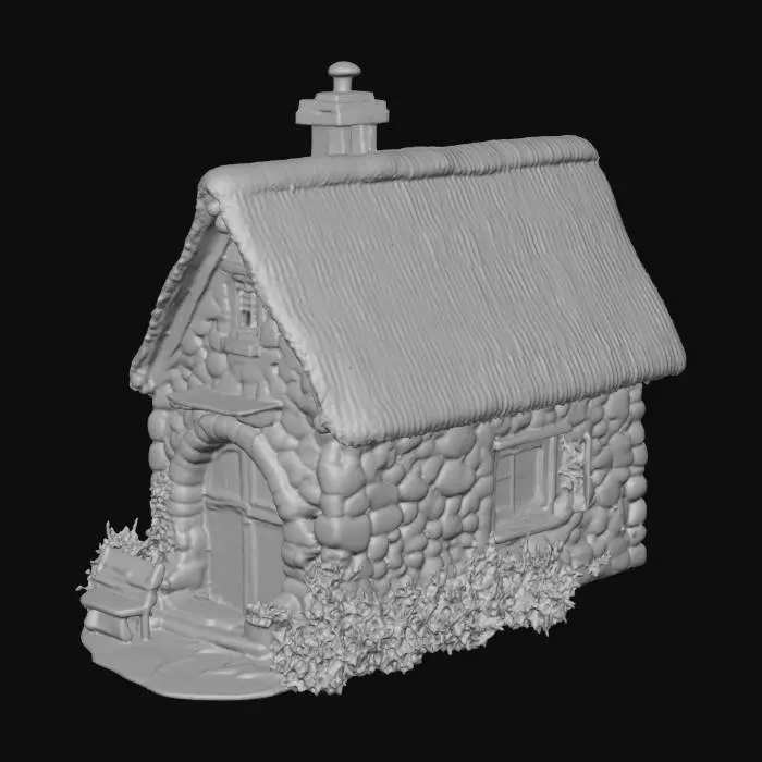 3D model for a little stone cottage with a tree on each side