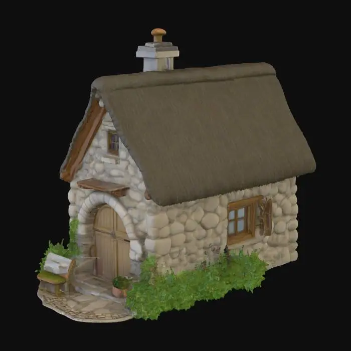 3D model for a little stone cottage with a tree on each side