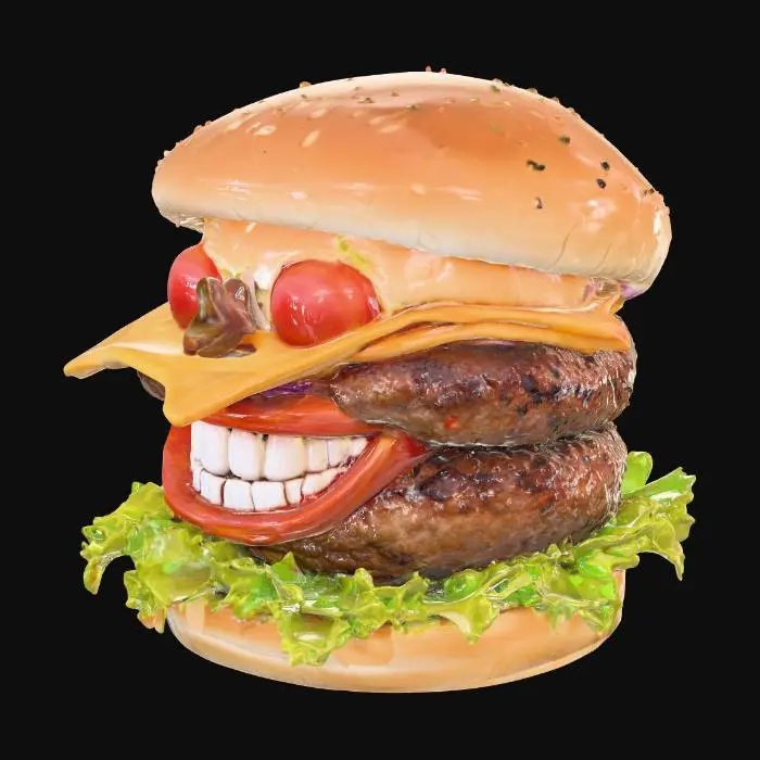 3D model for A hamburger that has a face with a large vicious grin