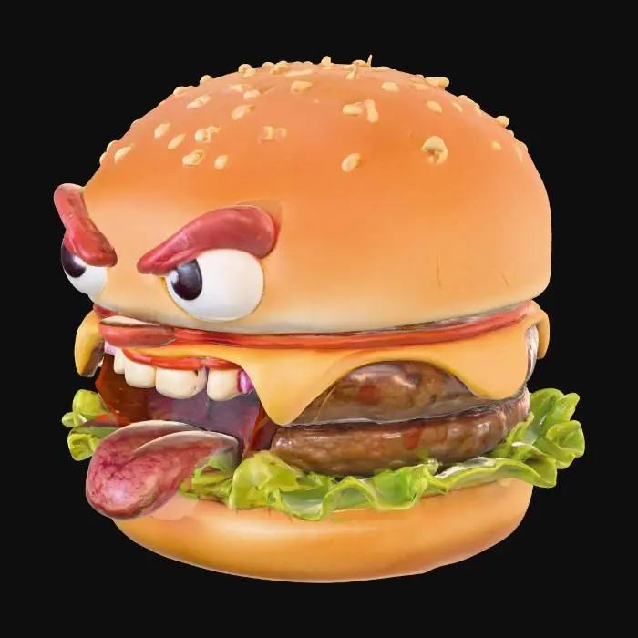 3D model for A hamburger that has a face with a large vicious grin