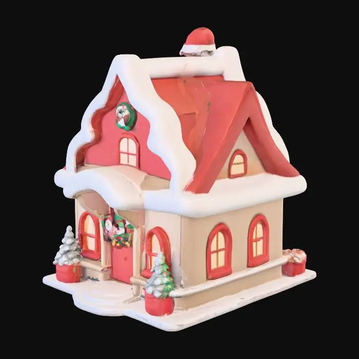 3D model for santas workshop building with snowmen and elves outside throwing snowballs