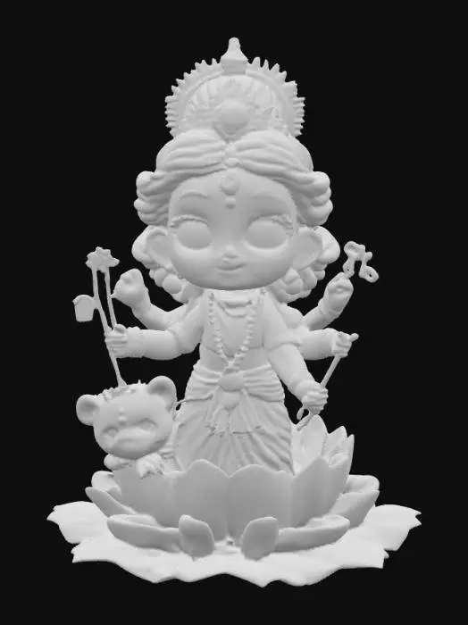 3D model for A highly detailed 3D model of a cute baby version of Hindu Goddess Durga sitting in a lotus garden. She has a glowing divine aura behind her head, big expressive eyes, and a gentle smile. She is wearing a traditional red and blue sari with golden jewelry. She has eight small delicate arms holding symbolic items: lotus flower, bow and arrow, sword, trident, mace, conch, pot, and rosary beads. A small friendly lion cub sits happily in front of her. The style should be vibrant, colorful, soft, and divine — resembling a cartoonish yet realistic chibi goddess with smooth textures, detailed ornaments, and spiritual charm