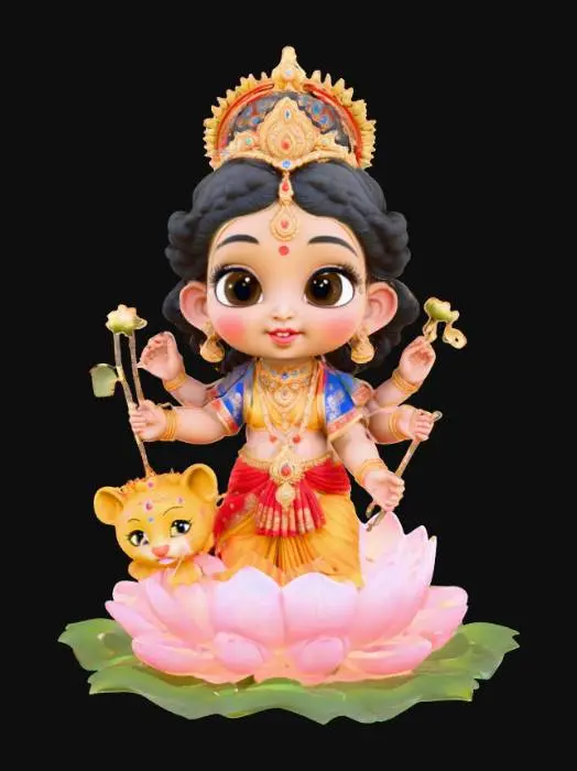 3D model for A highly detailed 3D model of a cute baby version of Hindu Goddess Durga sitting in a lotus garden. She has a glowing divine aura behind her head, big expressive eyes, and a gentle smile. She is wearing a traditional red and blue sari with golden jewelry. She has eight small delicate arms holding symbolic items: lotus flower, bow and arrow, sword, trident, mace, conch, pot, and rosary beads. A small friendly lion cub sits happily in front of her. The style should be vibrant, colorful, soft, and divine — resembling a cartoonish yet realistic chibi goddess with smooth textures, detailed ornaments, and spiritual charm