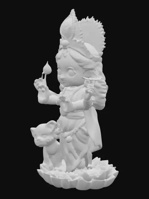 3D model for A highly detailed 3D model of a cute baby version of Hindu Goddess Durga sitting in a lotus garden. She has a glowing divine aura behind her head, big expressive eyes, and a gentle smile. She is wearing a traditional red and blue sari with golden jewelry. She has eight small delicate arms holding symbolic items: lotus flower, bow and arrow, sword, trident, mace, conch, pot, and rosary beads. A small friendly lion cub sits happily in front of her. The style should be vibrant, colorful, soft, and divine — resembling a cartoonish yet realistic chibi goddess with smooth textures, detailed ornaments, and spiritual charm