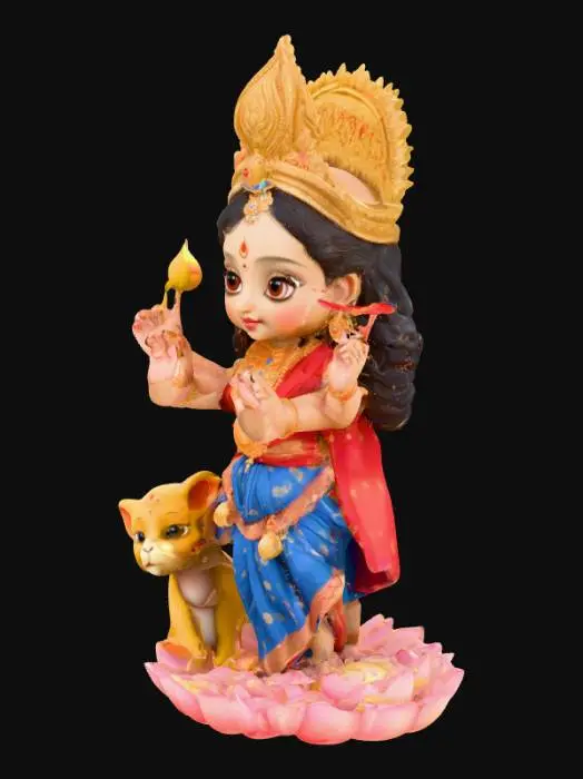 3D model for A highly detailed 3D model of a cute baby version of Hindu Goddess Durga sitting in a lotus garden. She has a glowing divine aura behind her head, big expressive eyes, and a gentle smile. She is wearing a traditional red and blue sari with golden jewelry. She has eight small delicate arms holding symbolic items: lotus flower, bow and arrow, sword, trident, mace, conch, pot, and rosary beads. A small friendly lion cub sits happily in front of her. The style should be vibrant, colorful, soft, and divine — resembling a cartoonish yet realistic chibi goddess with smooth textures, detailed ornaments, and spiritual charm