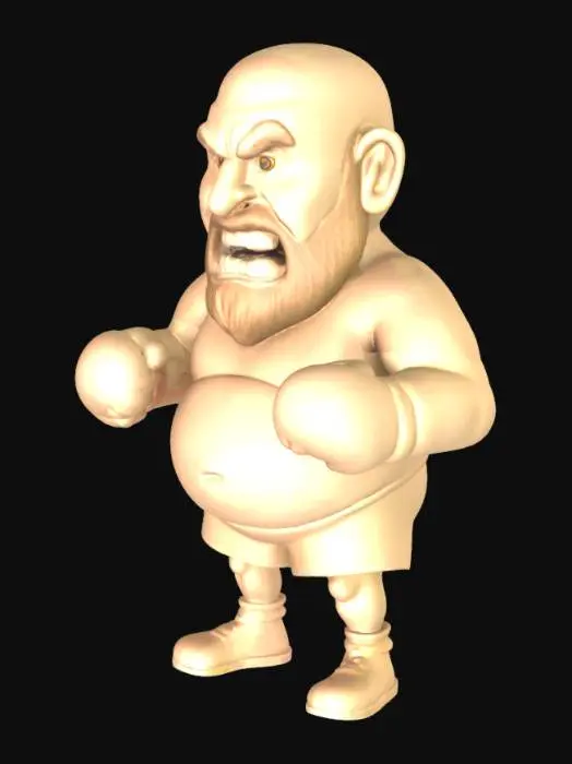 3D model for boxer Tyson Fury. Must have a large beard, large stomach and skinny legs. The character must be bearing their teeth and stood in a victory style pose